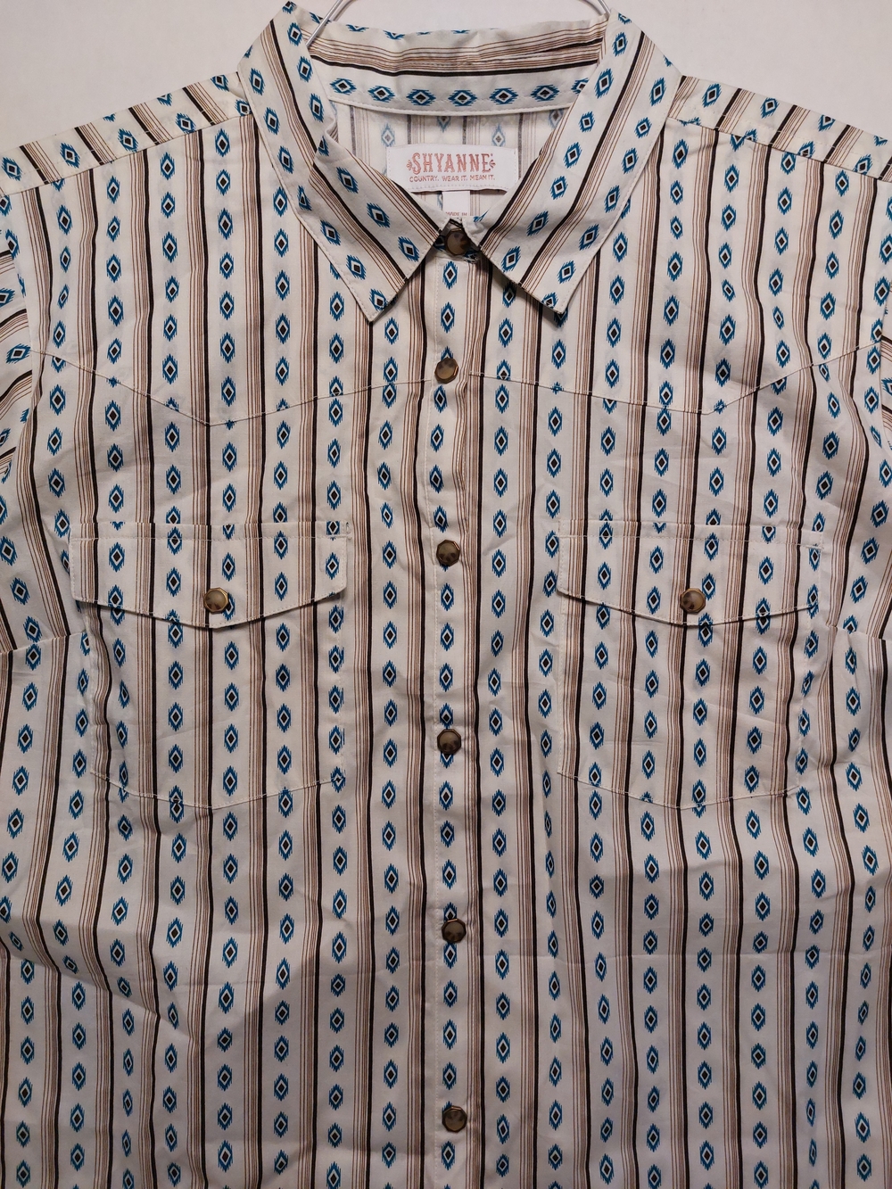 Shyanne Cream Button-Up Shirt with Blue Diamond Stripes